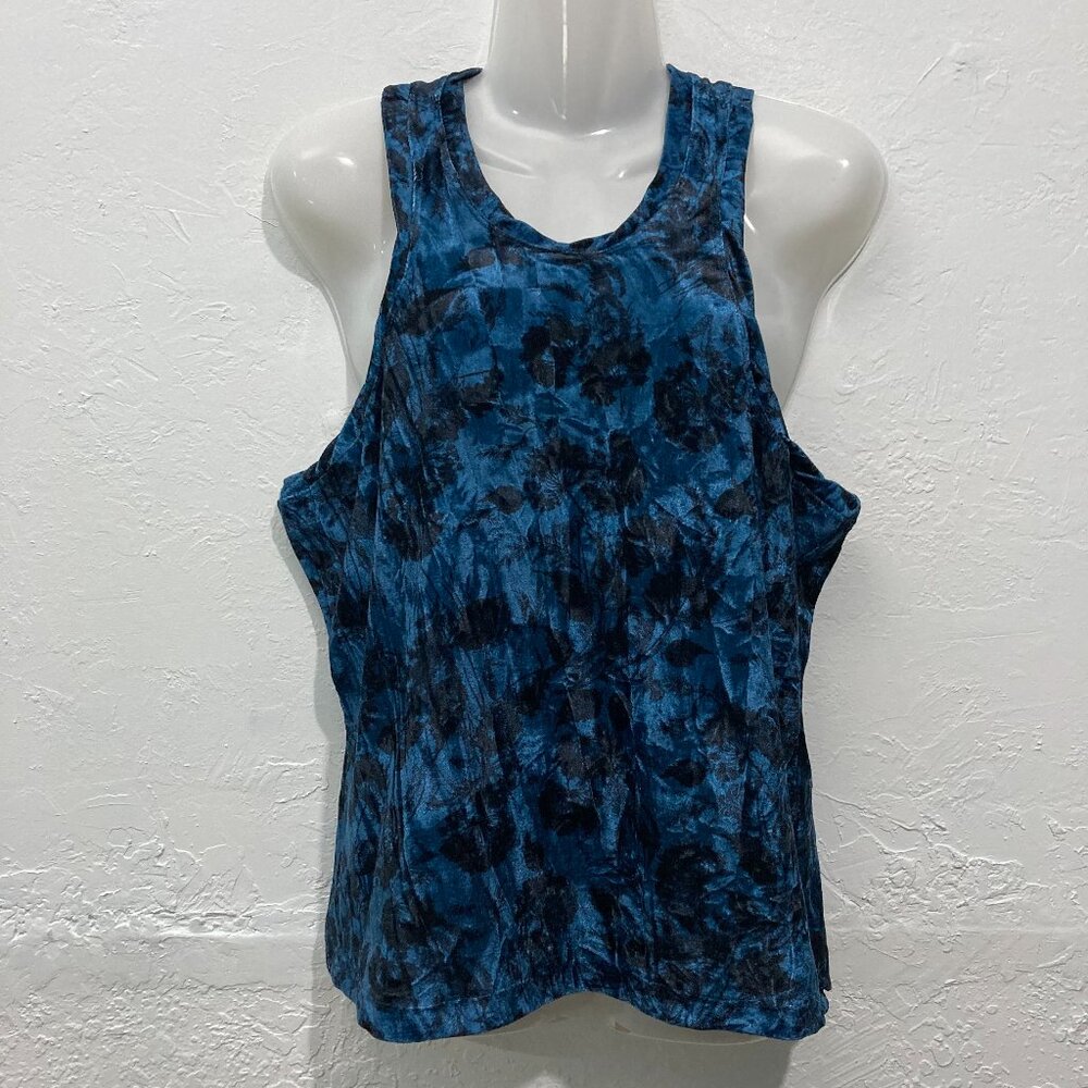 Anthropologie Pilcro Crushed Velvet Tank Top Blue Black Floral Motif Size L